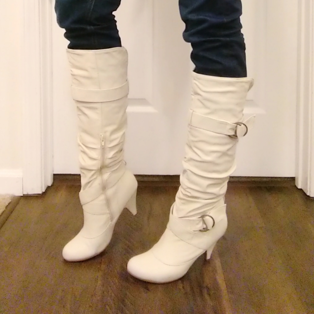 COPY - Cream White Boots Heel Faux Leather 8
